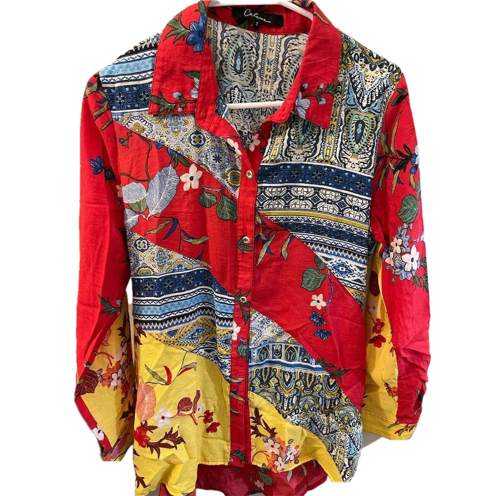 Multicolor Floral Abstract Patch Print Button-Up Shirt 20x27